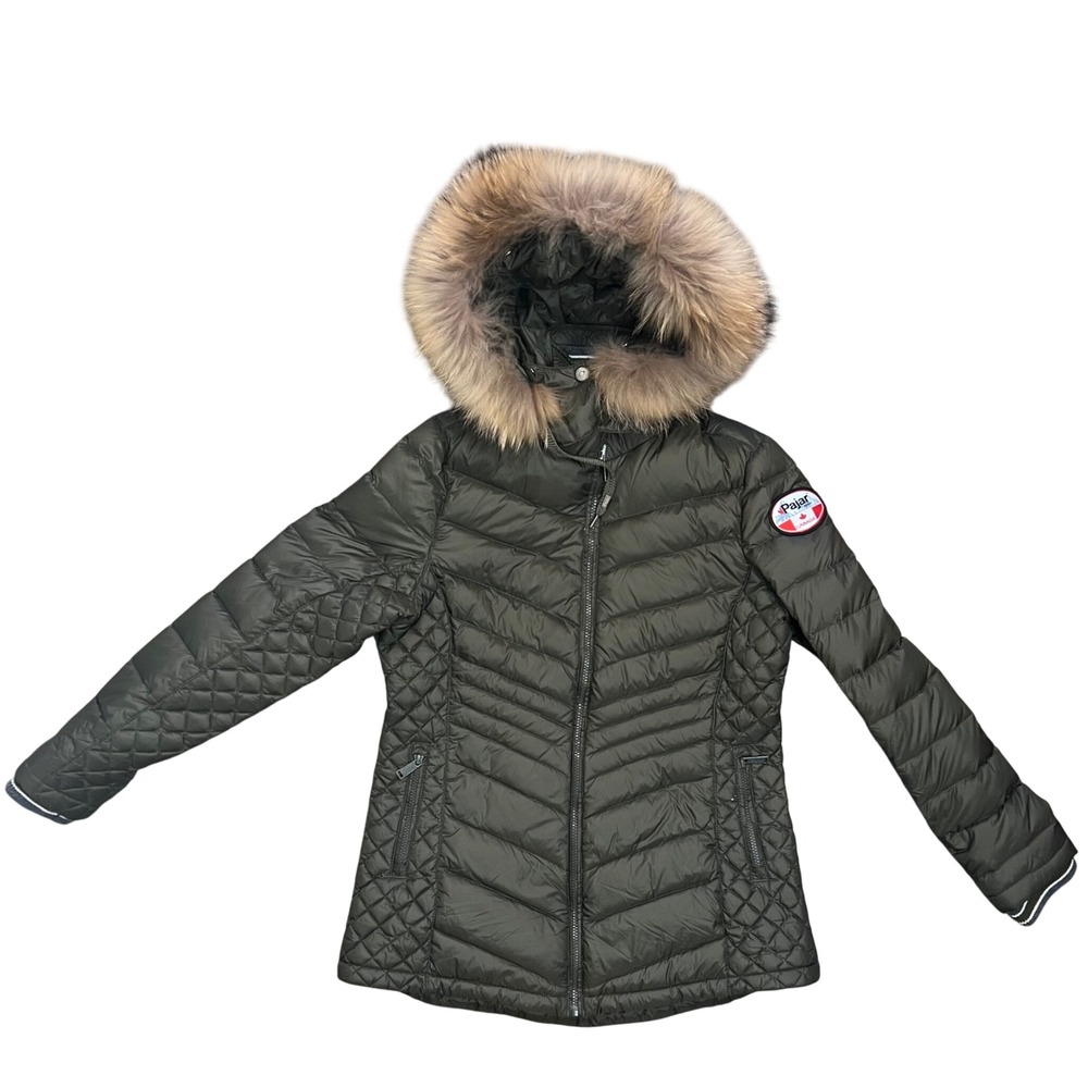 Pajar Canada Down Puffer Parka‎ Coat Real Fur Hood Olive Green Quilted Womens XL